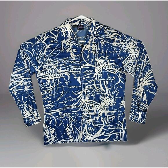 Joel California Shirt Men M Blue White Print Disco Collar Vintage 70s Button-Up - Picture 1 of 11
